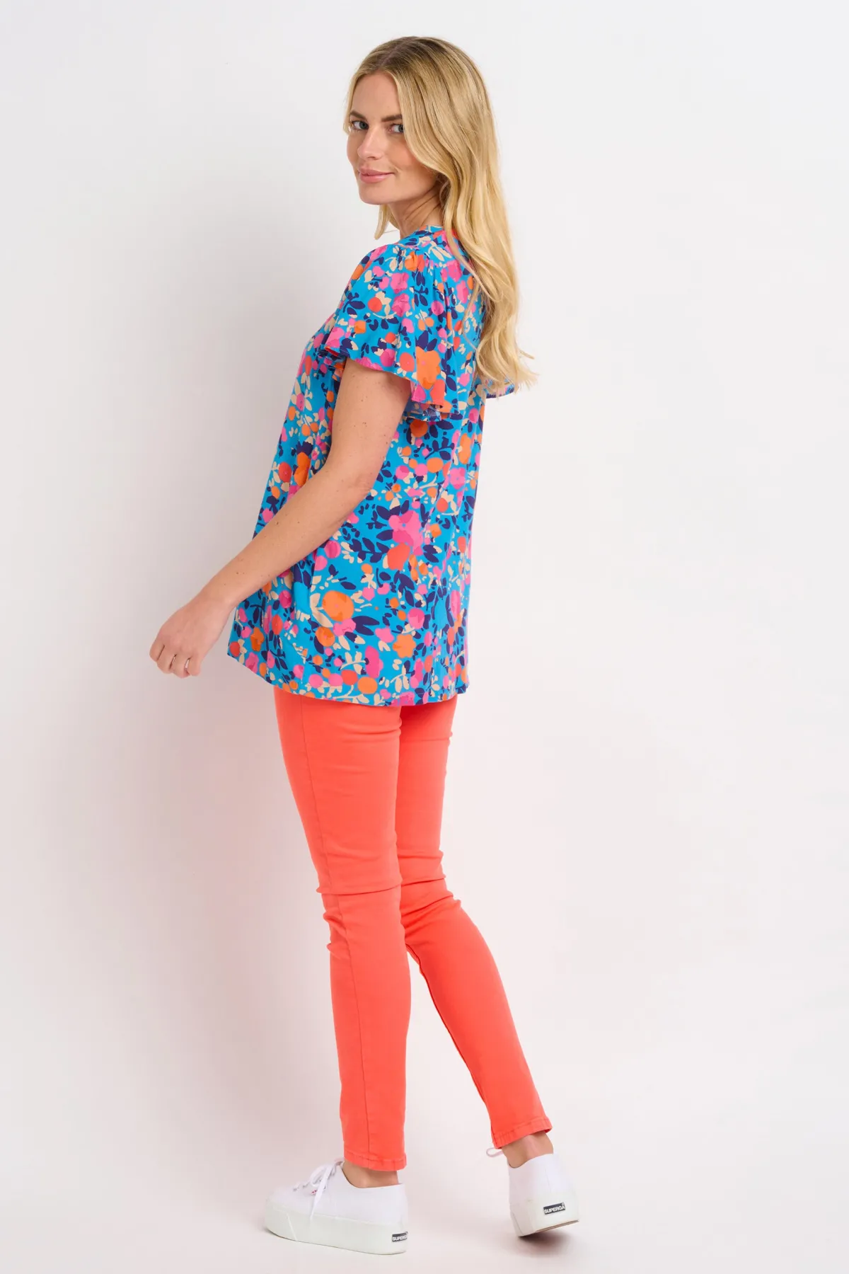 Brakeburn Bloom Floral Flutter Sleeve Blouse Blue Clearance