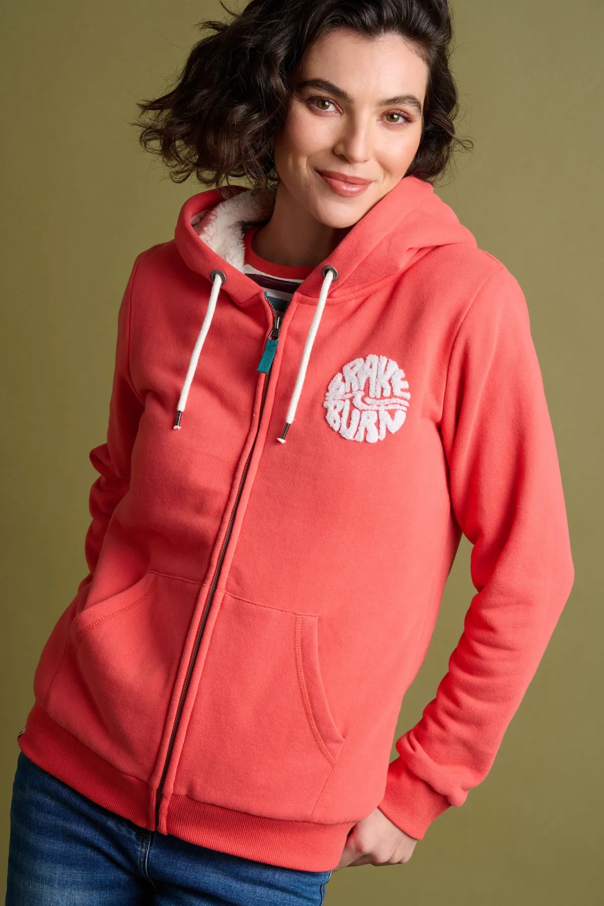 Brakeburn Borg Lined Zip Through Hoodie Coral Clearance