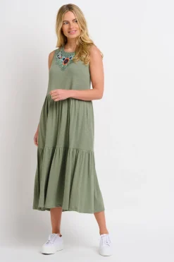 Brakeburn Clem Midi Jersey Dress Khaki New