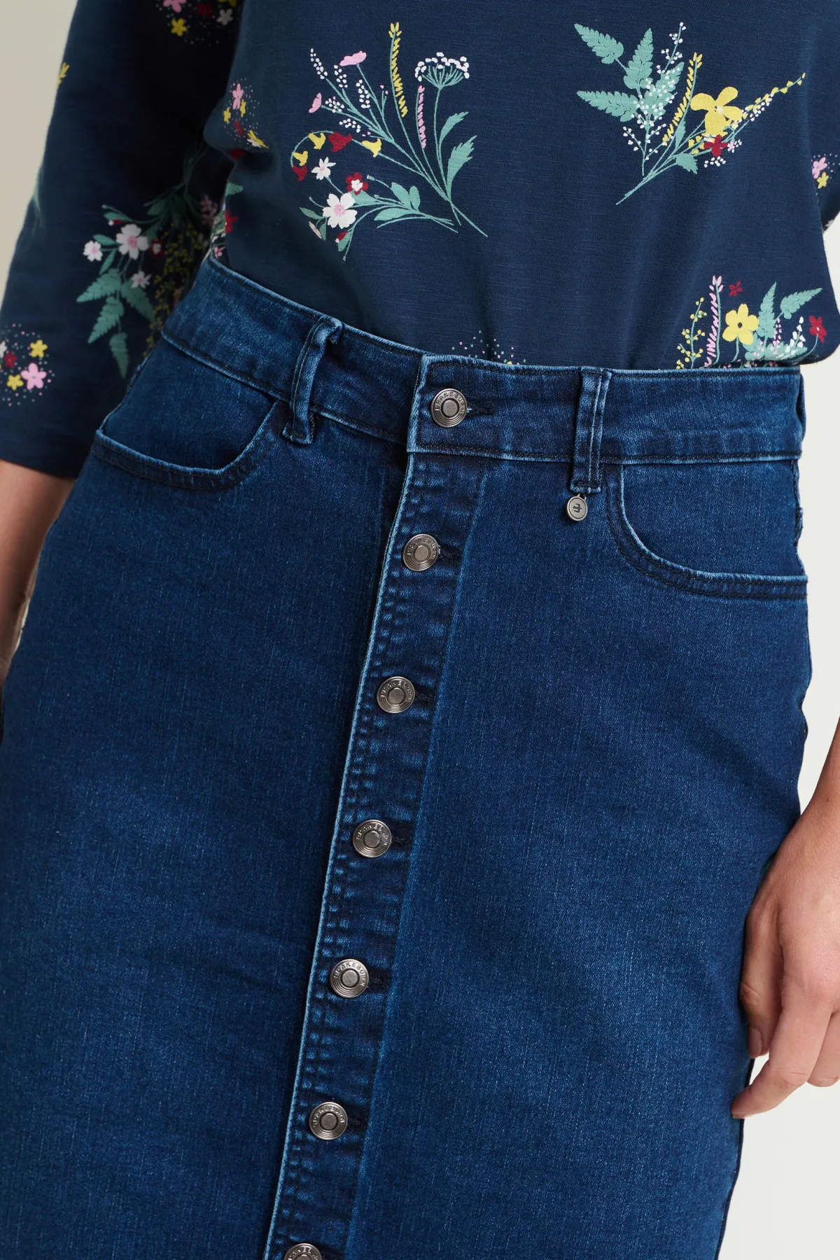 Brakeburn Denim Midi Skirt Navy Cheap