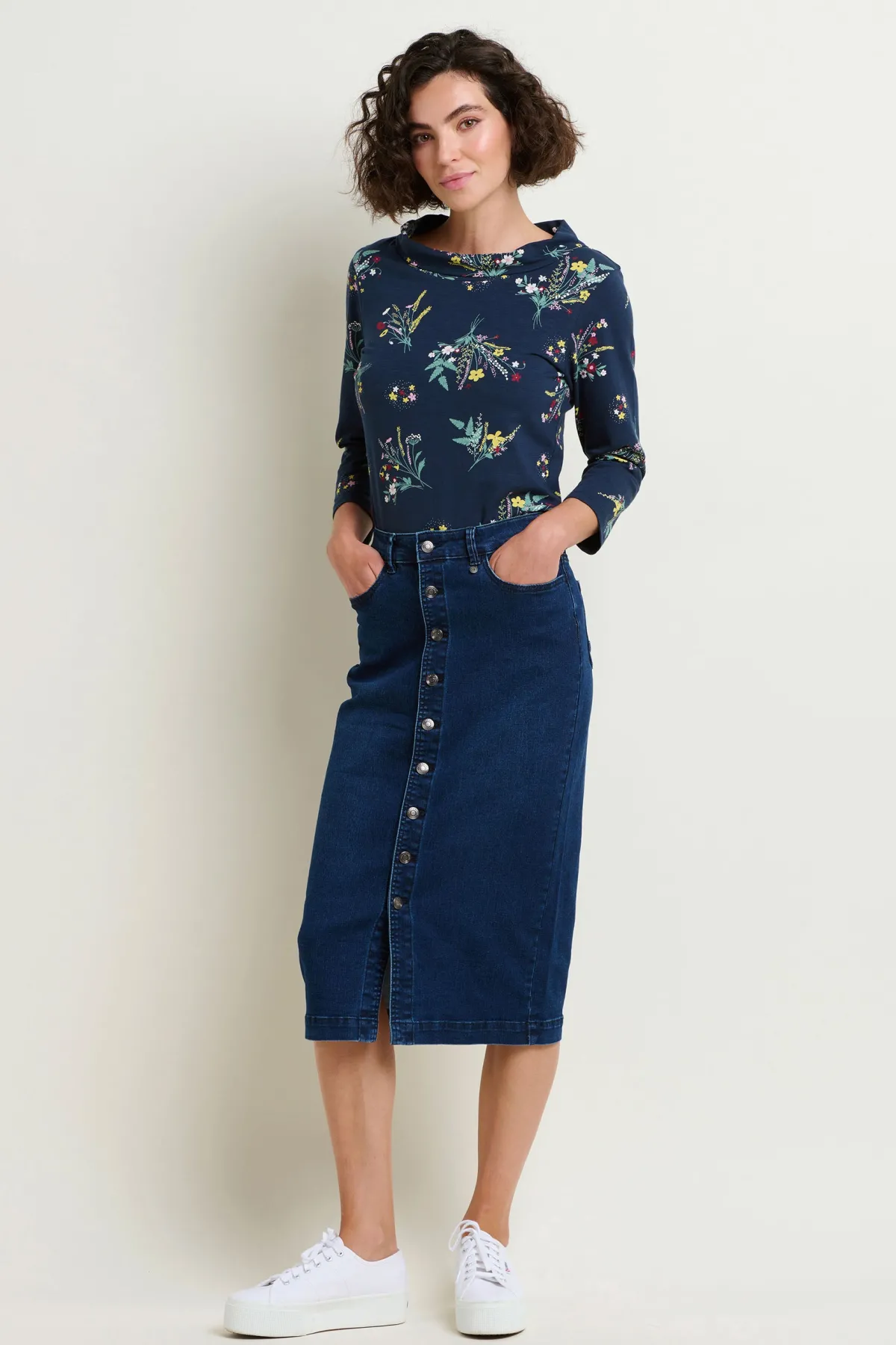 Brakeburn Denim Midi Skirt Navy Cheap