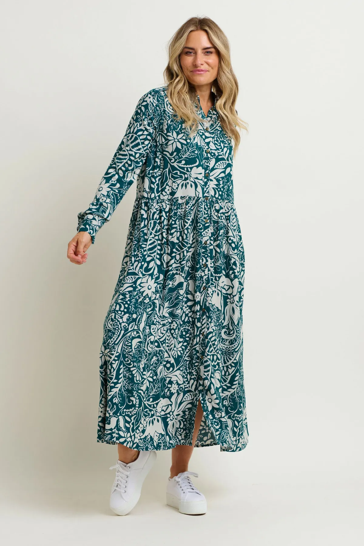 Brakeburn Enchanted Blossom Maxi Shirt Dress Blue Clearance