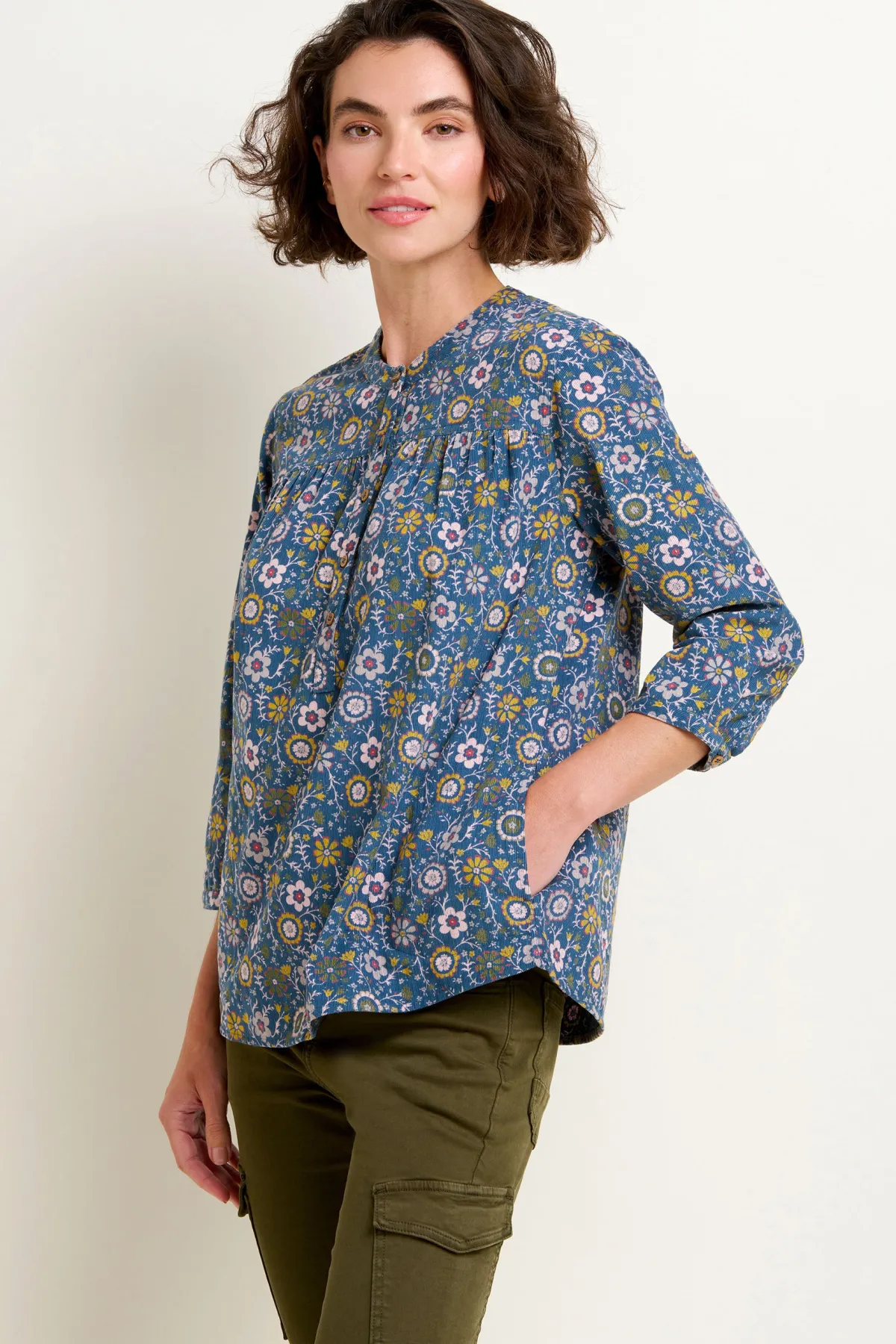 Brakeburn Folk Floral Cord Shirt Blue Flash Sale