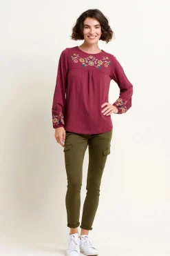 Brakeburn Folk Floral Embroidered Tee Burgundy Best