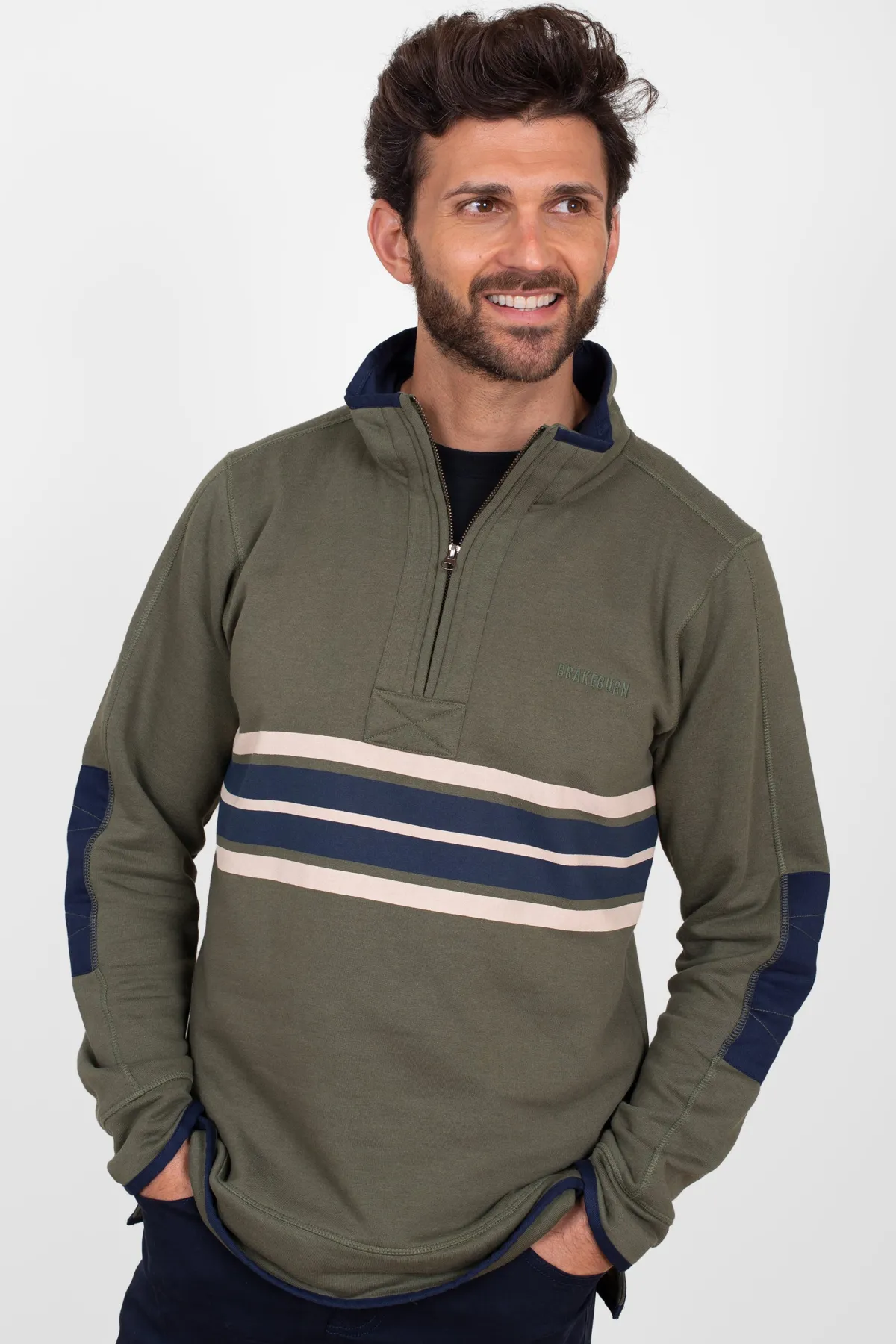 Brakeburn Stripe 1/4 Zip Sweat Khaki Fashion