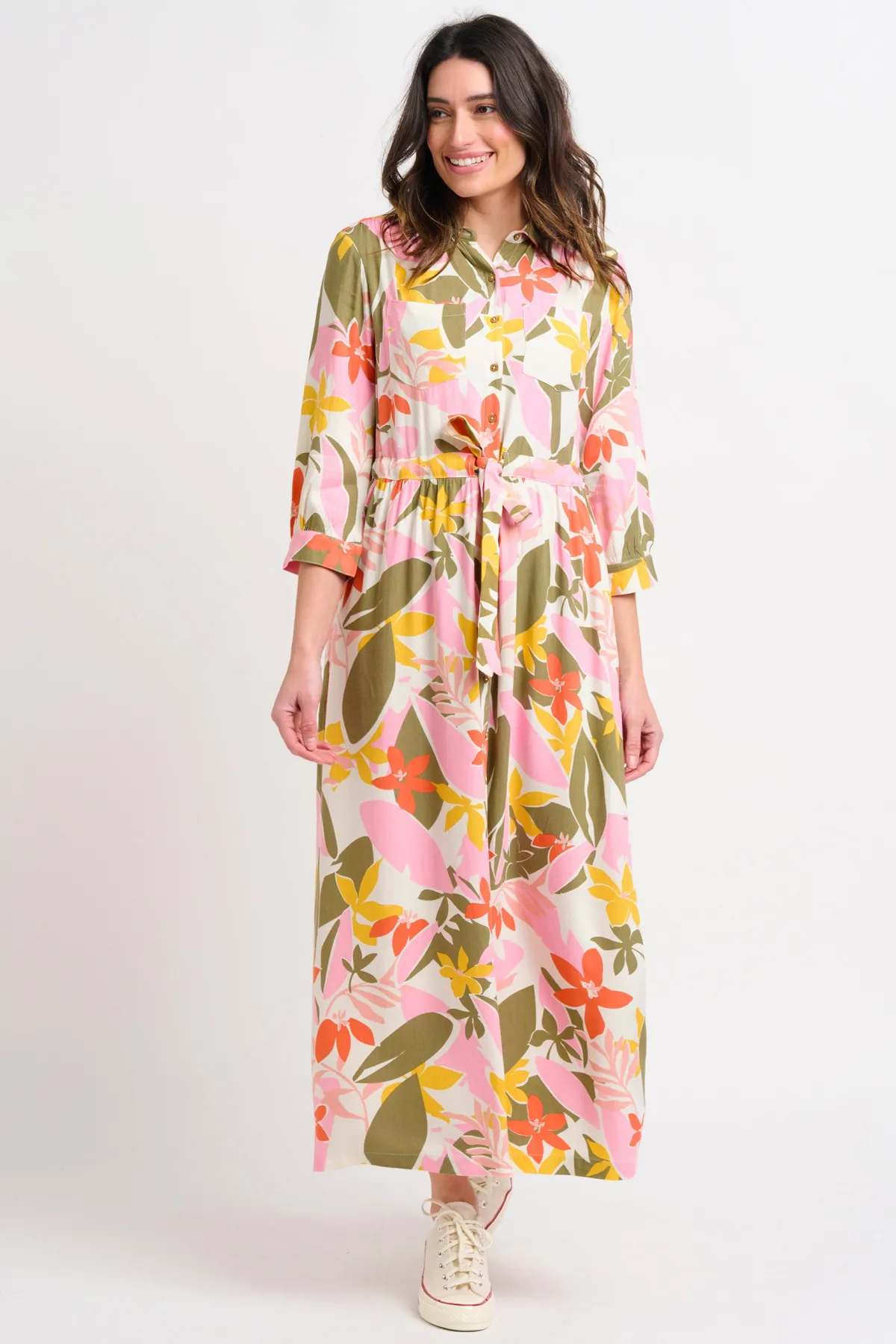 Brakeburn Tropical Palm Shirt Dress Khaki Flash Sale