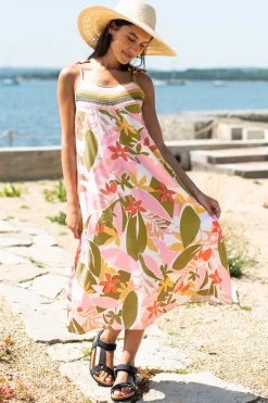 Brakeburn Tropical Palm Strappy Dress Khaki New