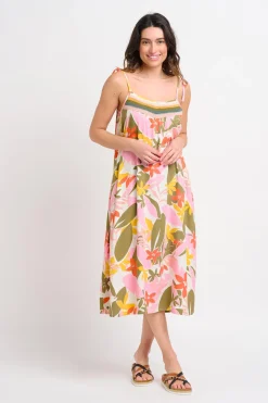 Brakeburn Tropical Palm Strappy Dress Khaki New