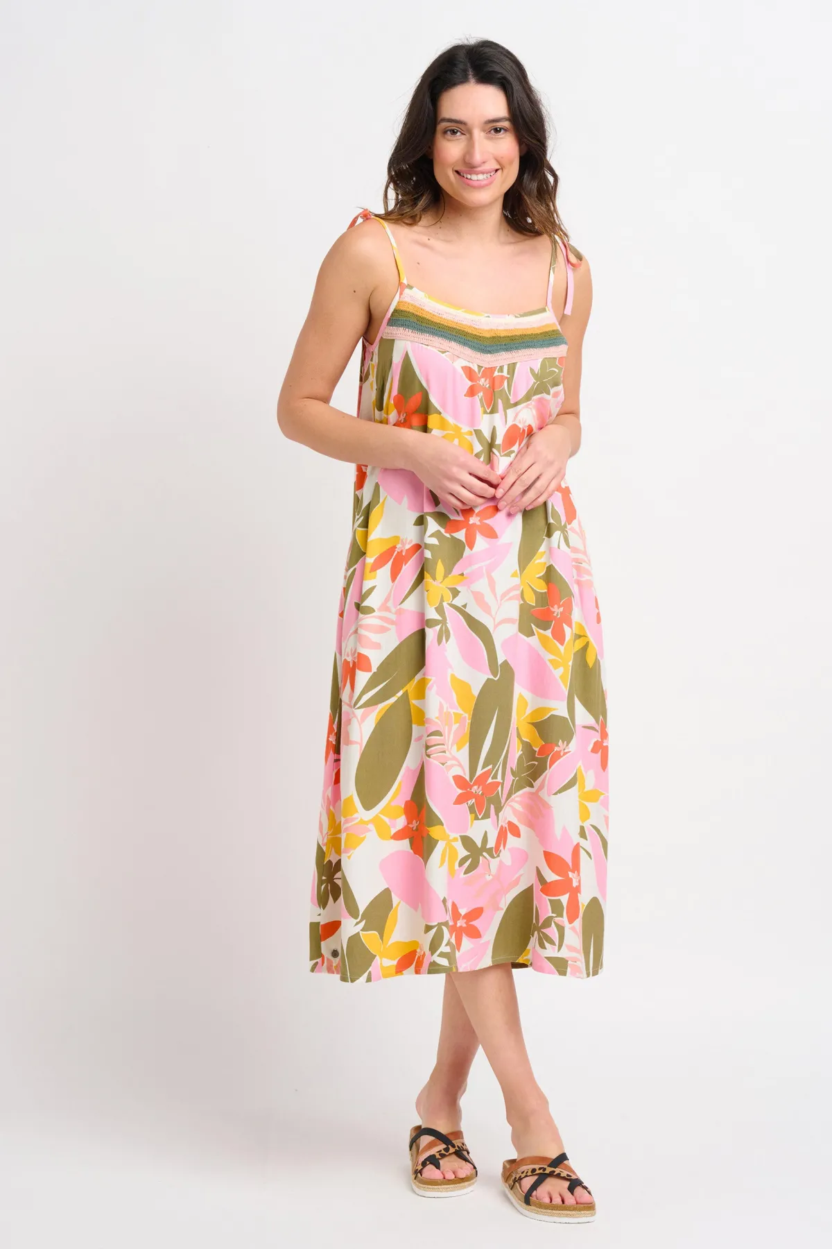 Brakeburn Tropical Palm Strappy Dress Khaki New