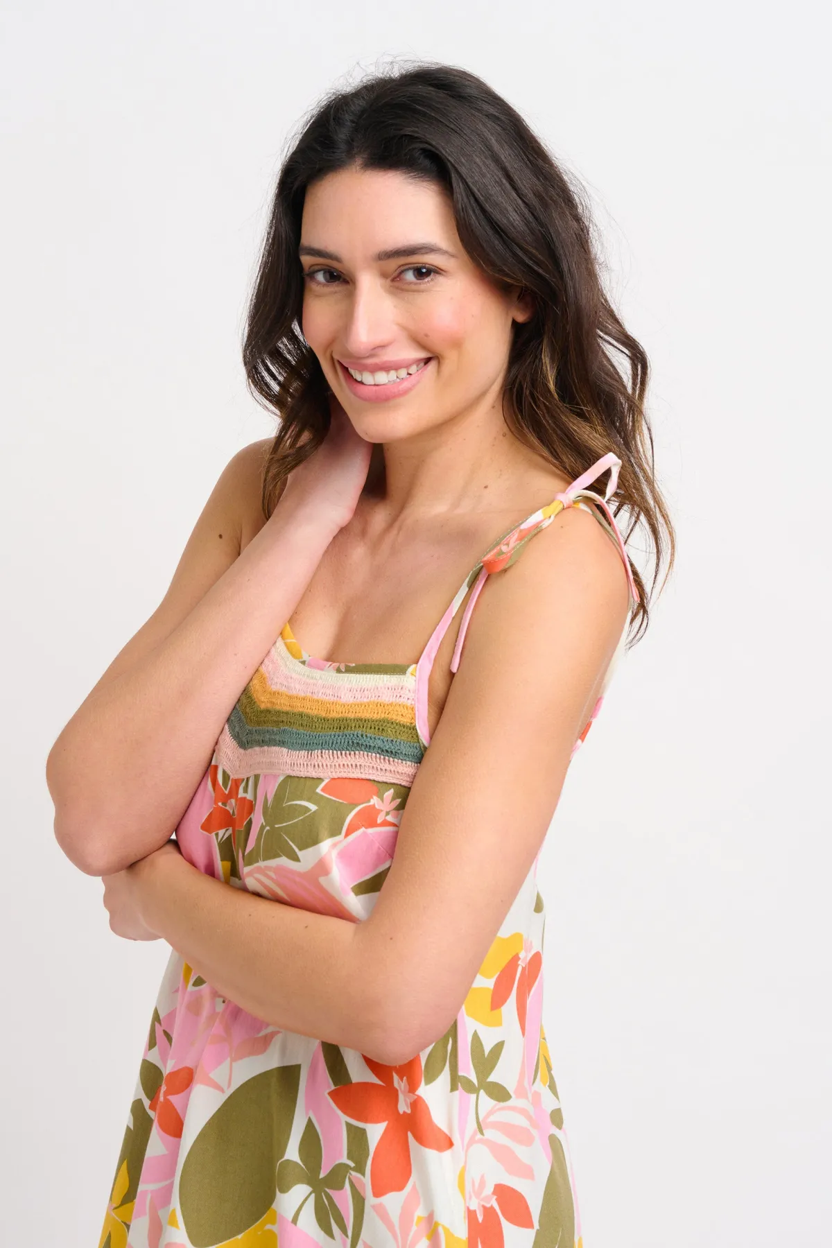 Brakeburn Tropical Palm Strappy Dress Khaki New