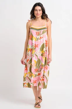 Brakeburn Tropical Palm Strappy Dress Khaki New